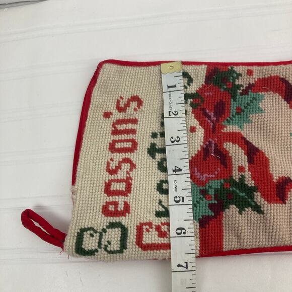 VTG Needlepoint Christmas Wool Stocking Red Velvet Backing Seasons Greetings Bow - Picture 8 of 9